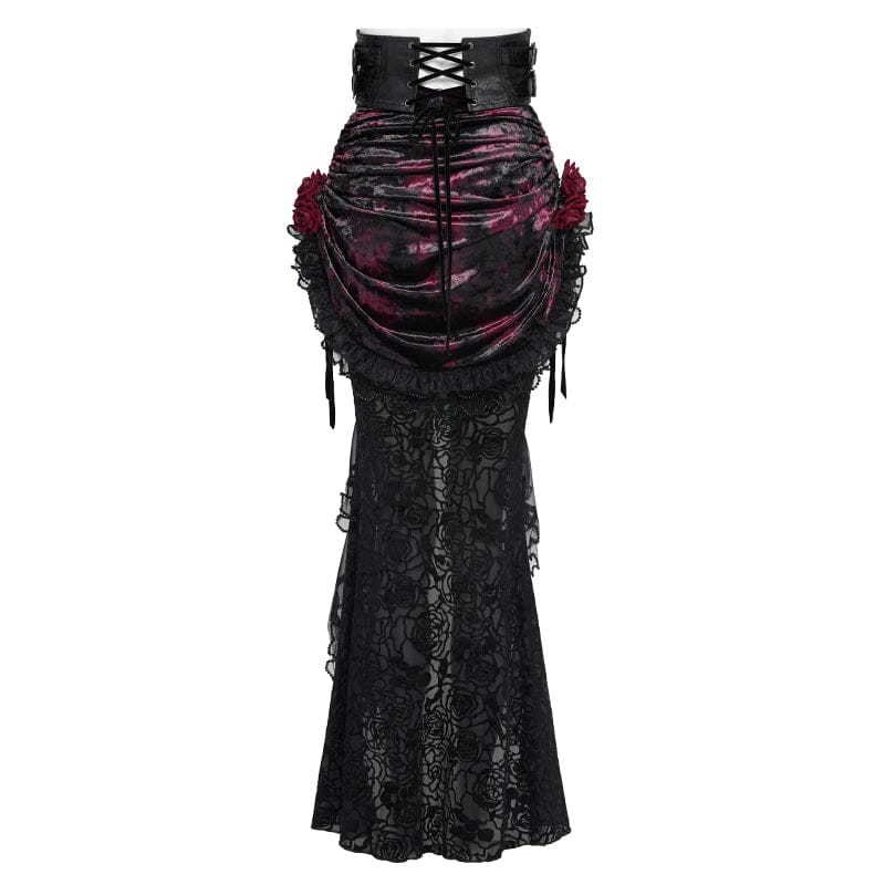 Women's Gothic Rose Lace-up Irregular Hem Skirt Black-Red