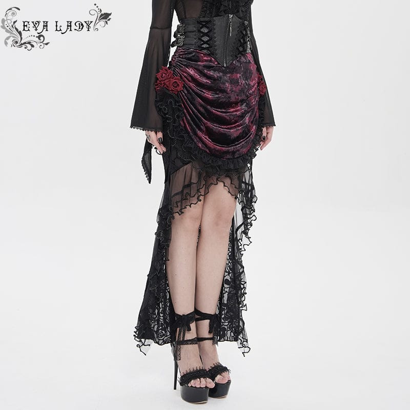 Women's Gothic Rose Lace-up Irregular Hem Skirt Black-Red