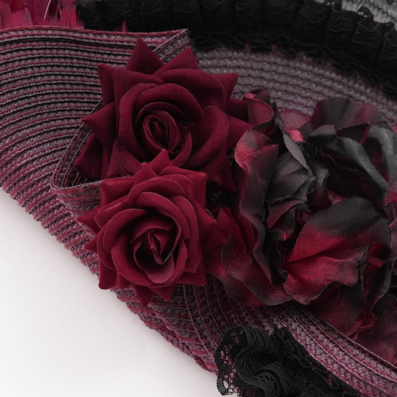 Women's Gothic Rose Ruffled Feathered Hat Black-red