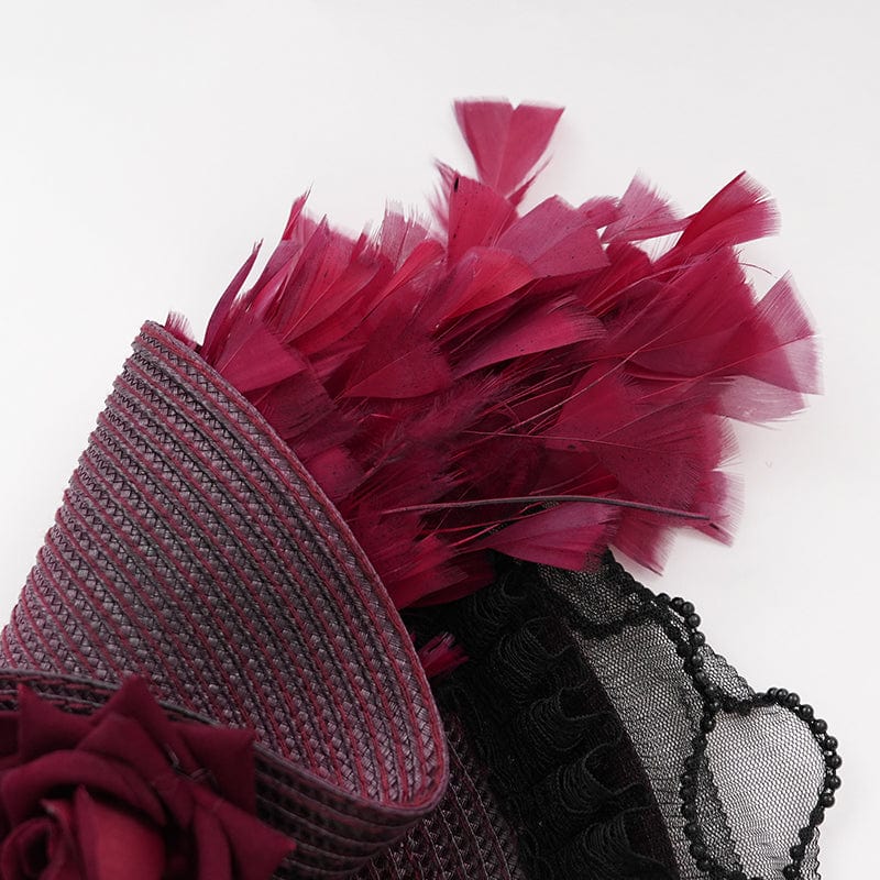Women's Gothic Rose Ruffled Feathered Hat Black-red