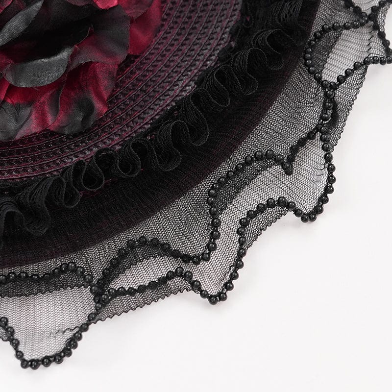 Women's Gothic Rose Ruffled Feathered Hat Black-red