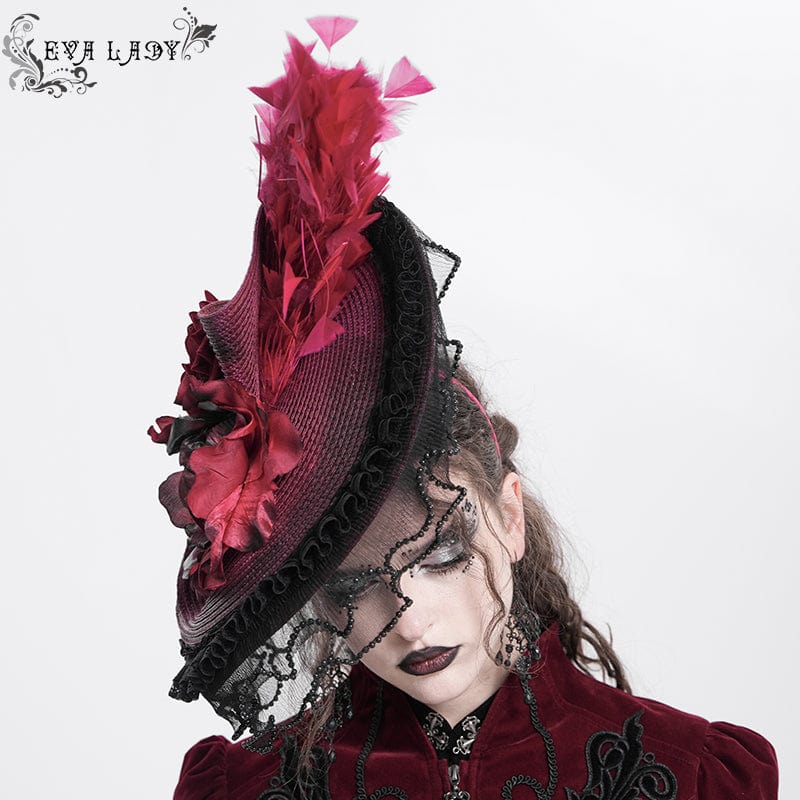 Women's Gothic Rose Ruffled Feathered Hat Black-red