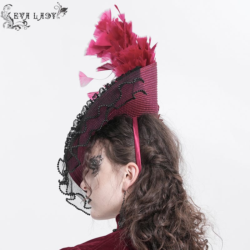 Women's Gothic Rose Ruffled Feathered Hat Black-red