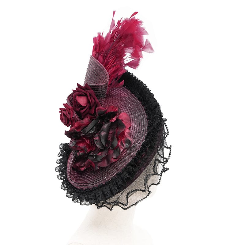 Women's Gothic Rose Ruffled Feathered Hat Black-red