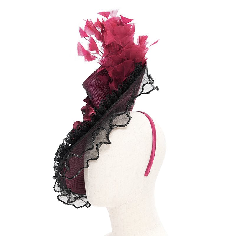 Women's Gothic Rose Ruffled Feathered Hat Black-red