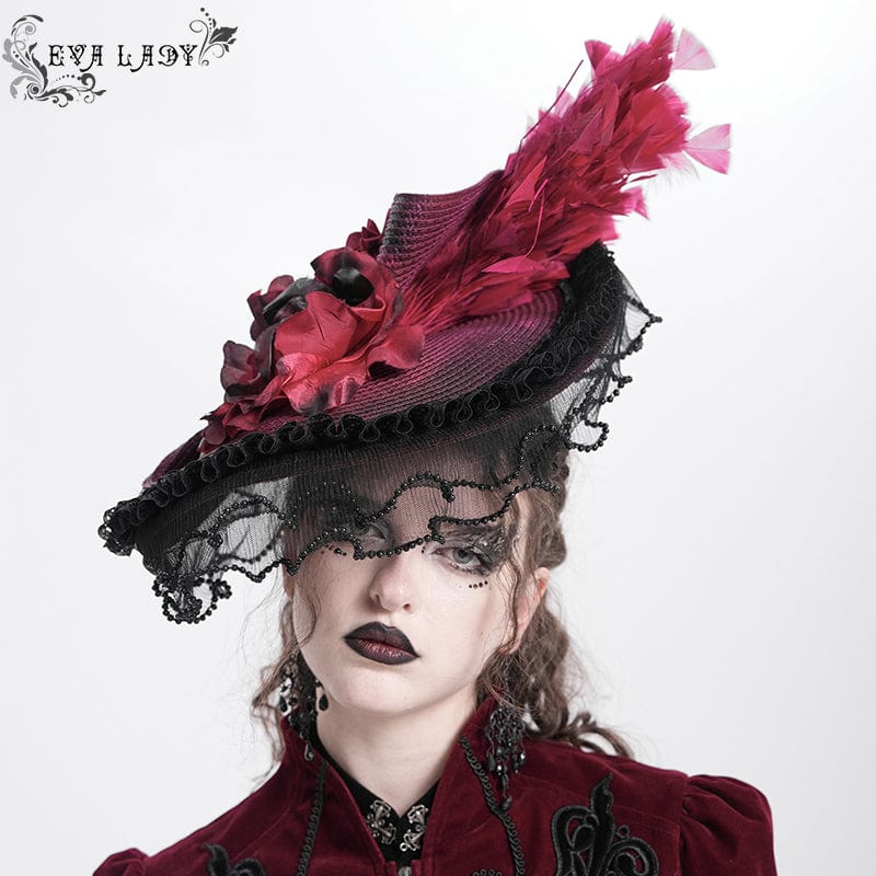 Women's Gothic Rose Ruffled Feathered Hat Black-red