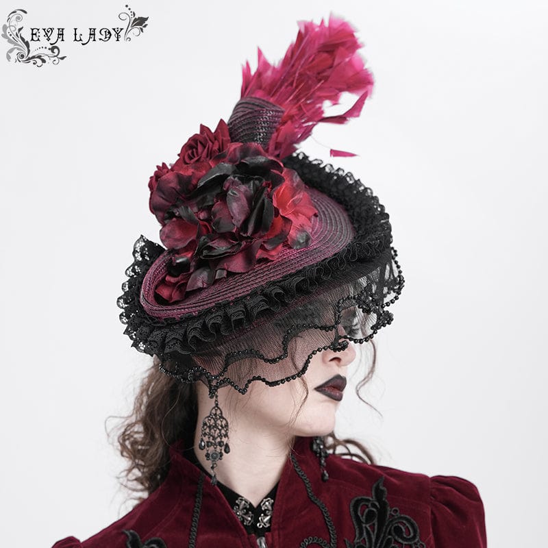 Women's Gothic Rose Ruffled Feathered Hat Black-red