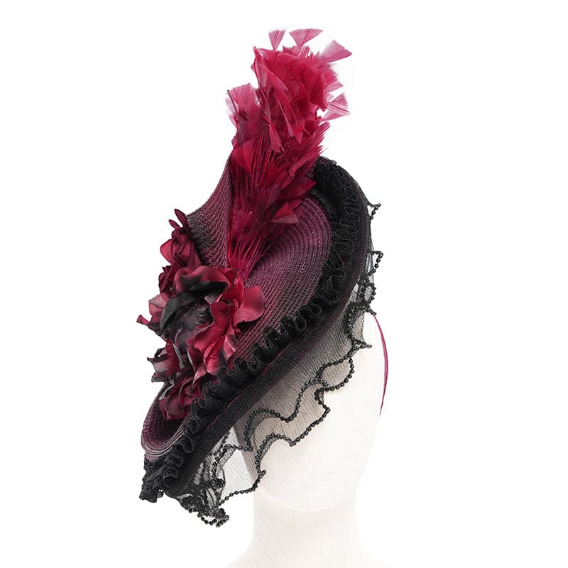 Women's Gothic Rose Ruffled Feathered Hat Black-red