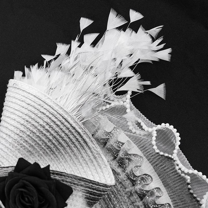 Women's Gothic Rose Ruffled Feathered Hat White-grey