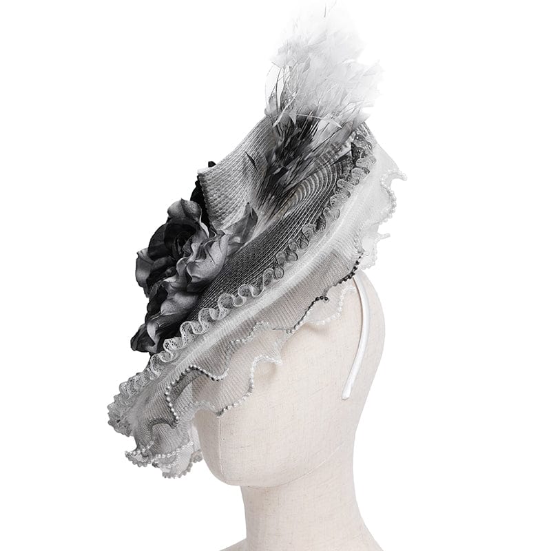 Women's Gothic Rose Ruffled Feathered Hat White-grey
