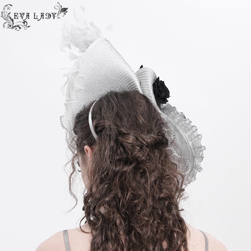 Women's Gothic Rose Ruffled Feathered Hat White-grey