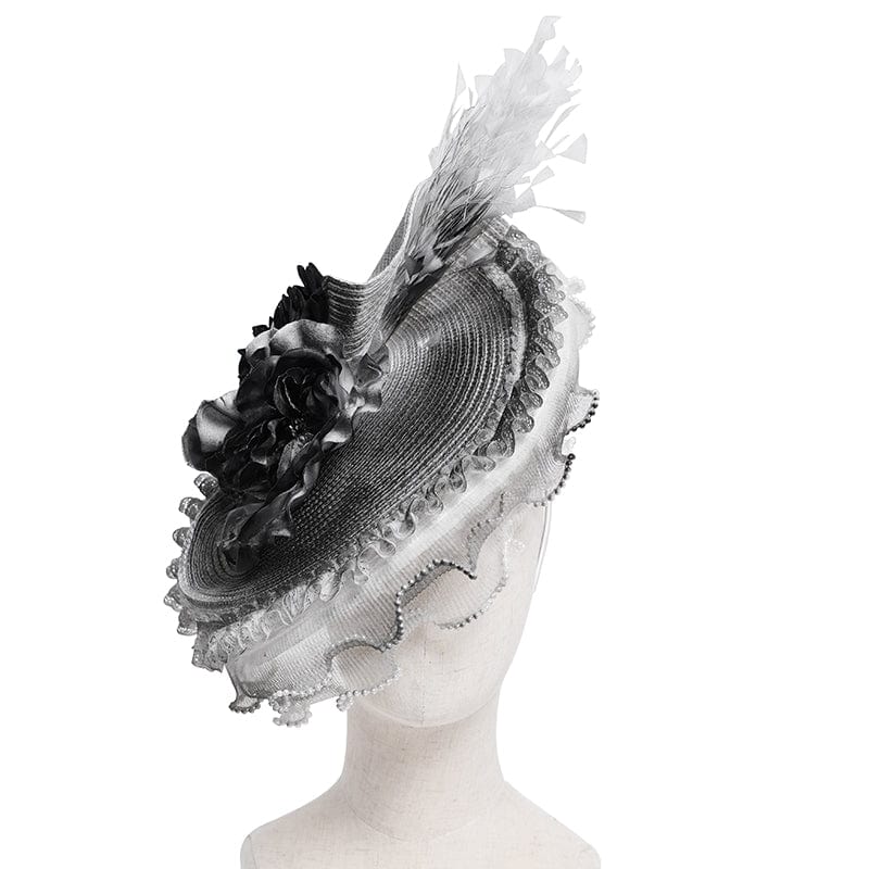 Women's Gothic Rose Ruffled Feathered Hat White-grey