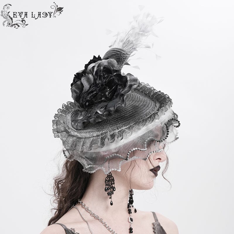Women's Gothic Rose Ruffled Feathered Hat White-grey
