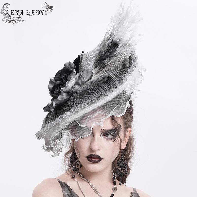 Women's Gothic Rose Ruffled Feathered Hat White-grey