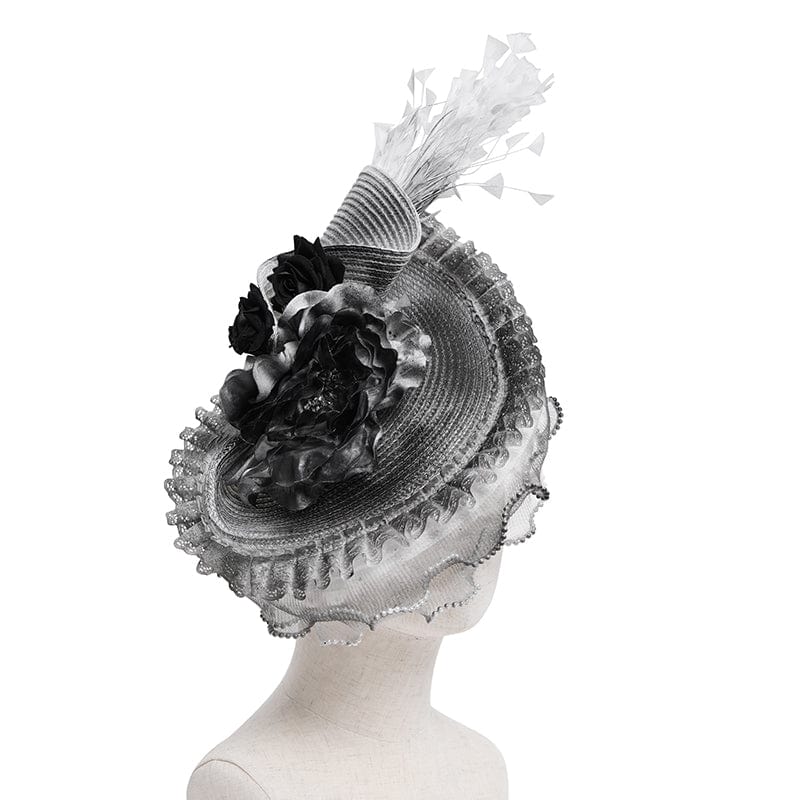 Women's Gothic Rose Ruffled Feathered Hat White-grey