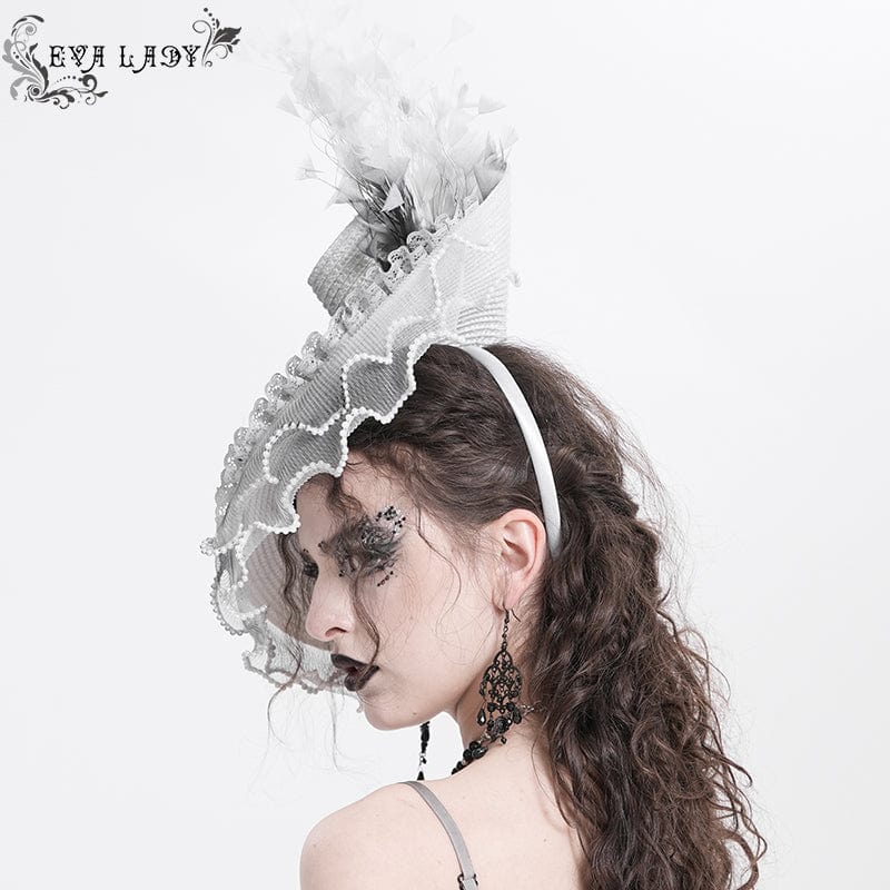 Women's Gothic Rose Ruffled Feathered Hat White-grey