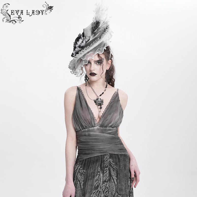 Women's Gothic Rose Ruffled Feathered Hat White-grey