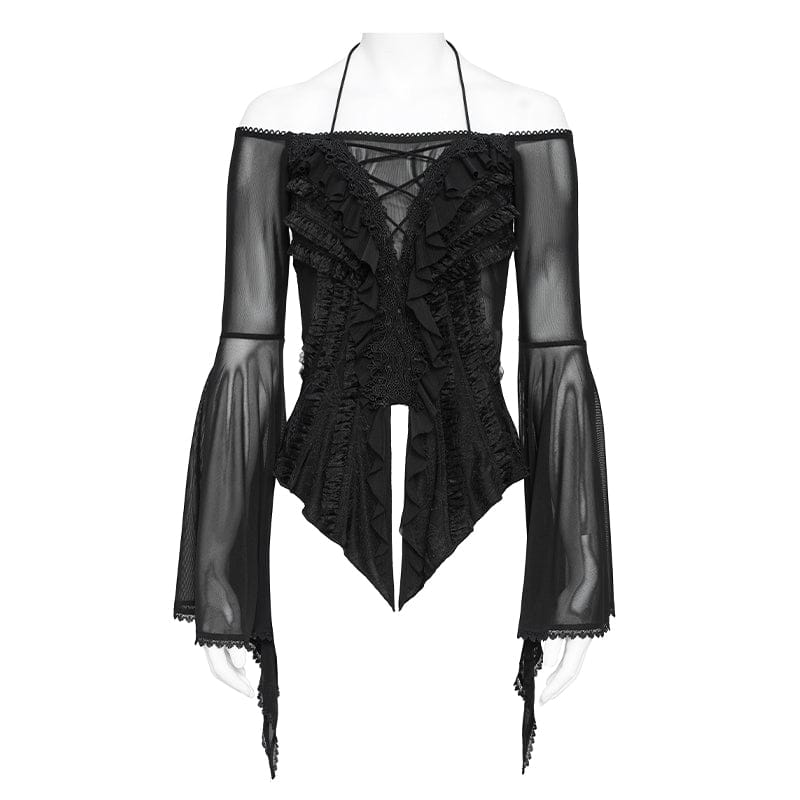 Women's Gothic Ruffled Off Shoulder Flared Sleeved Shirt Black