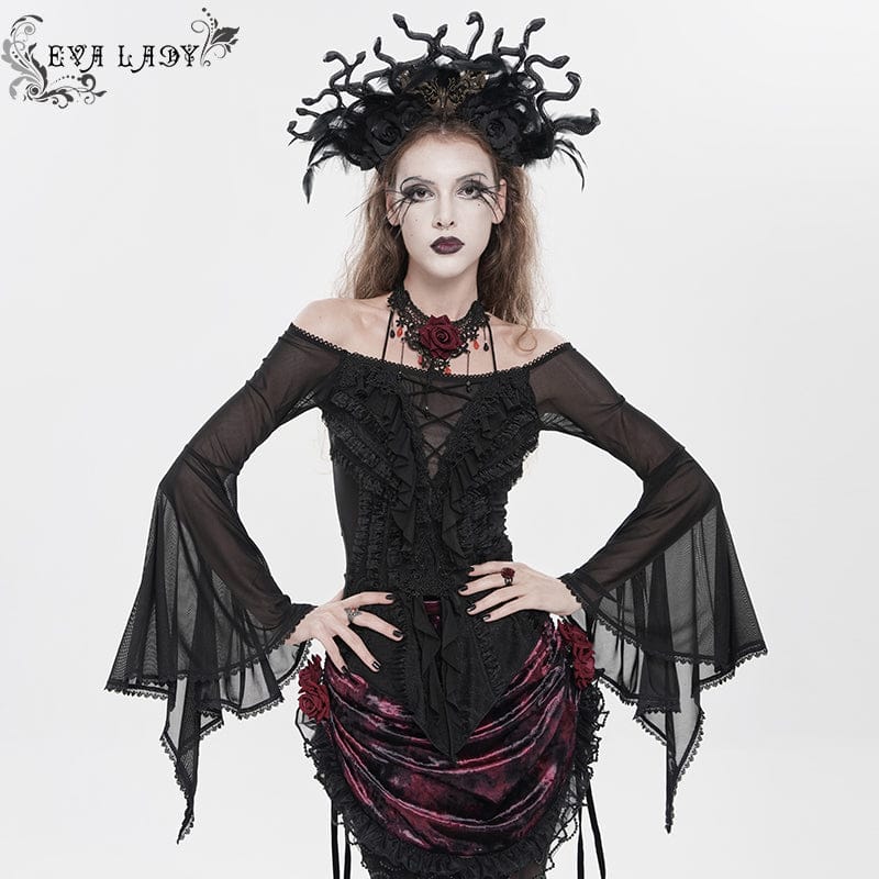Women's Gothic Ruffled Off Shoulder Flared Sleeved Shirt Black