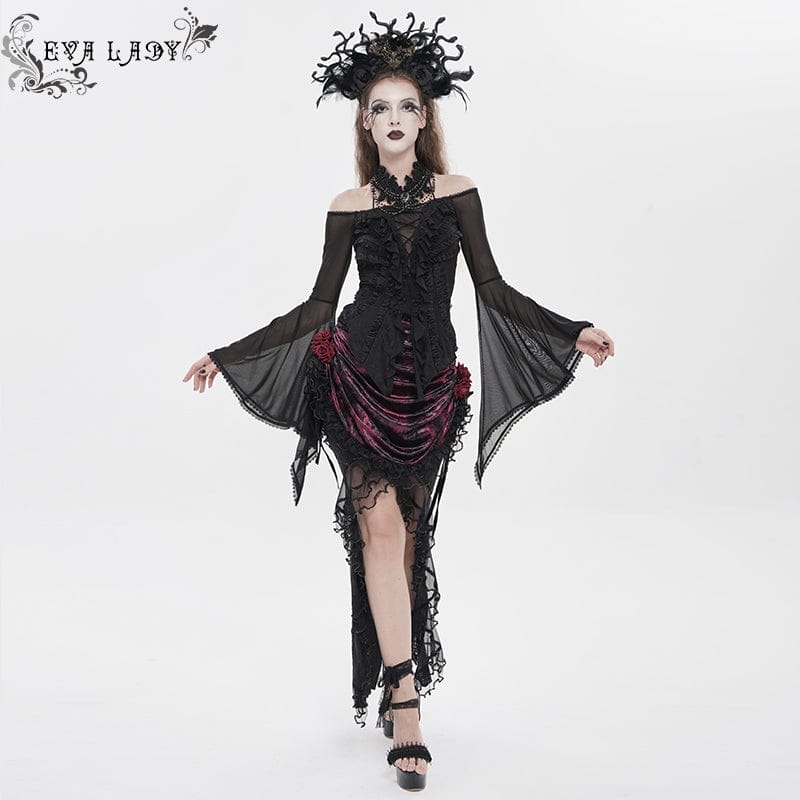 Women's Gothic Ruffled Off Shoulder Flared Sleeved Shirt Black