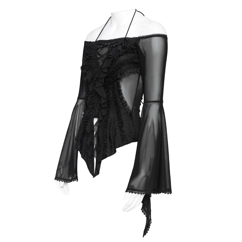 Women's Gothic Ruffled Off Shoulder Flared Sleeved Shirt Black