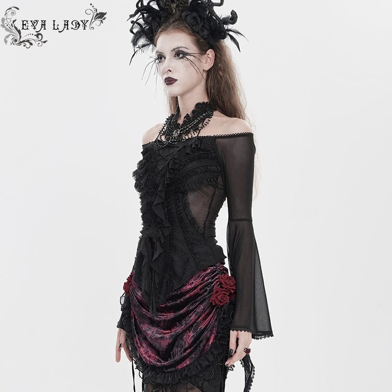 Women's Gothic Ruffled Off Shoulder Flared Sleeved Shirt Black