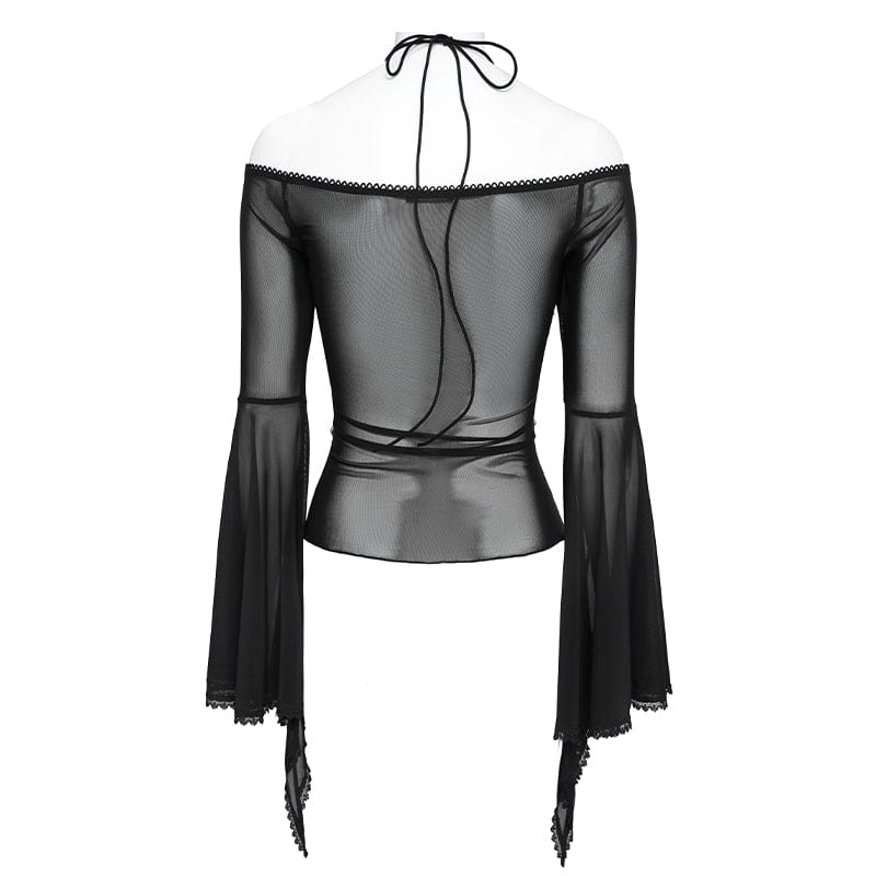 Women's Gothic Ruffled Off Shoulder Flared Sleeved Shirt Black