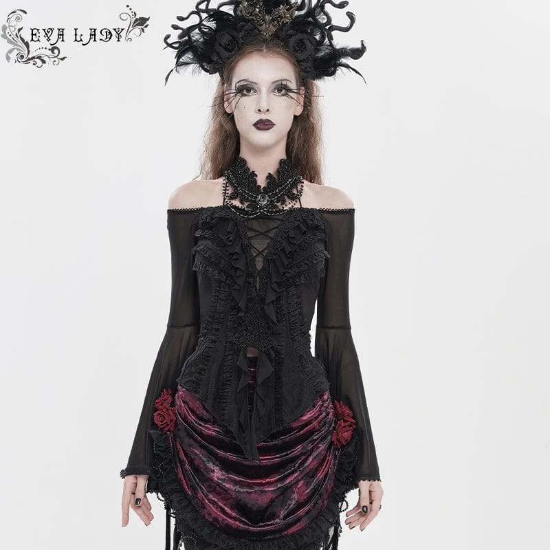 Women's Gothic Ruffled Off Shoulder Flared Sleeved Shirt Black