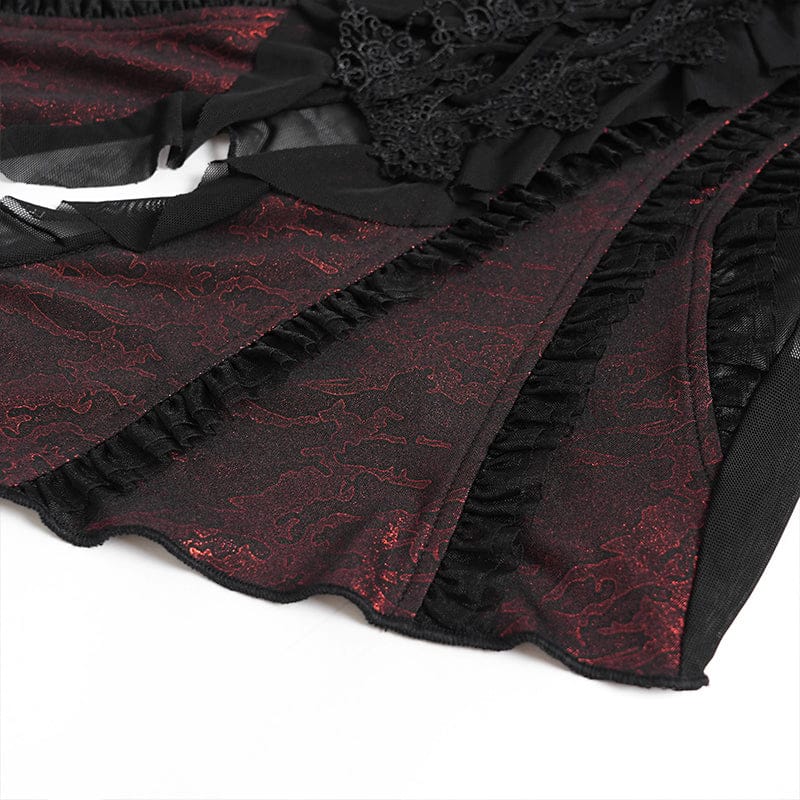 Women's Gothic Ruffled Off Shoulder Flared Sleeved Shirt Black-Red