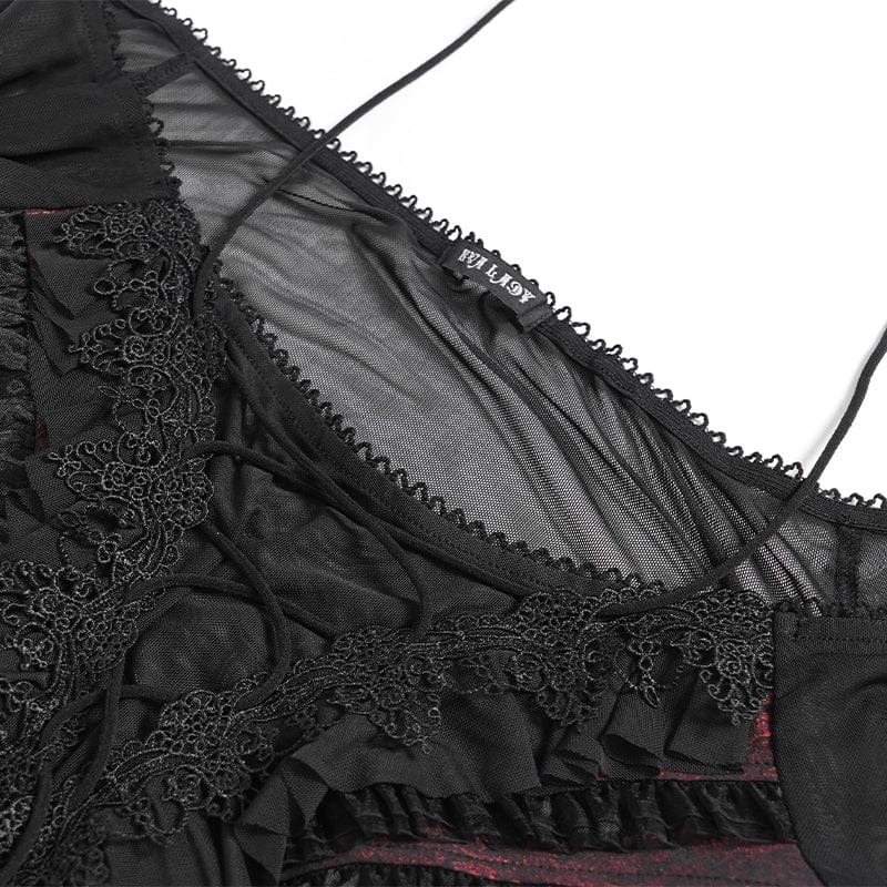 Women's Gothic Ruffled Off Shoulder Flared Sleeved Shirt Black-Red