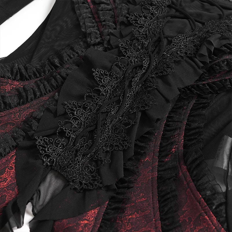 Women's Gothic Ruffled Off Shoulder Flared Sleeved Shirt Black-Red