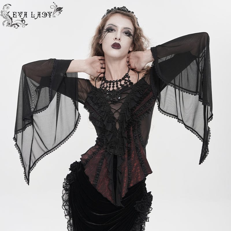 Women's Gothic Ruffled Off Shoulder Flared Sleeved Shirt Black-Red