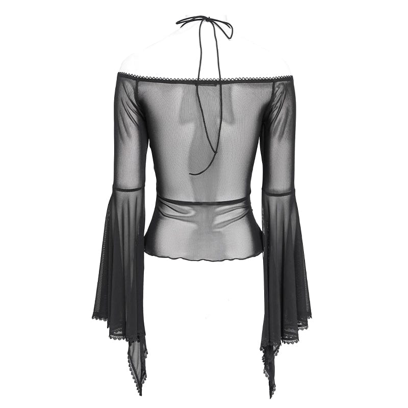 Women's Gothic Ruffled Off Shoulder Flared Sleeved Shirt Black-Red
