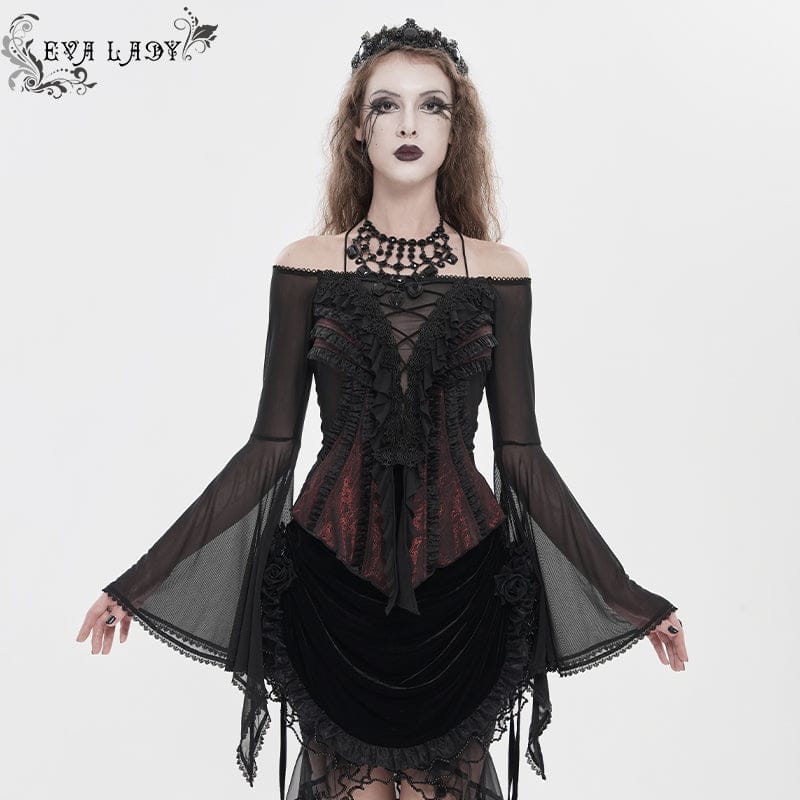 Women's Gothic Ruffled Off Shoulder Flared Sleeved Shirt Black-Red