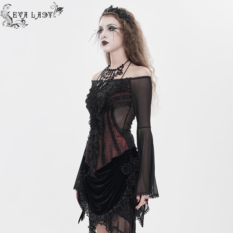 Women's Gothic Ruffled Off Shoulder Flared Sleeved Shirt Black-Red