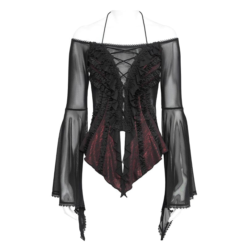 Women's Gothic Ruffled Off Shoulder Flared Sleeved Shirt Black-Red