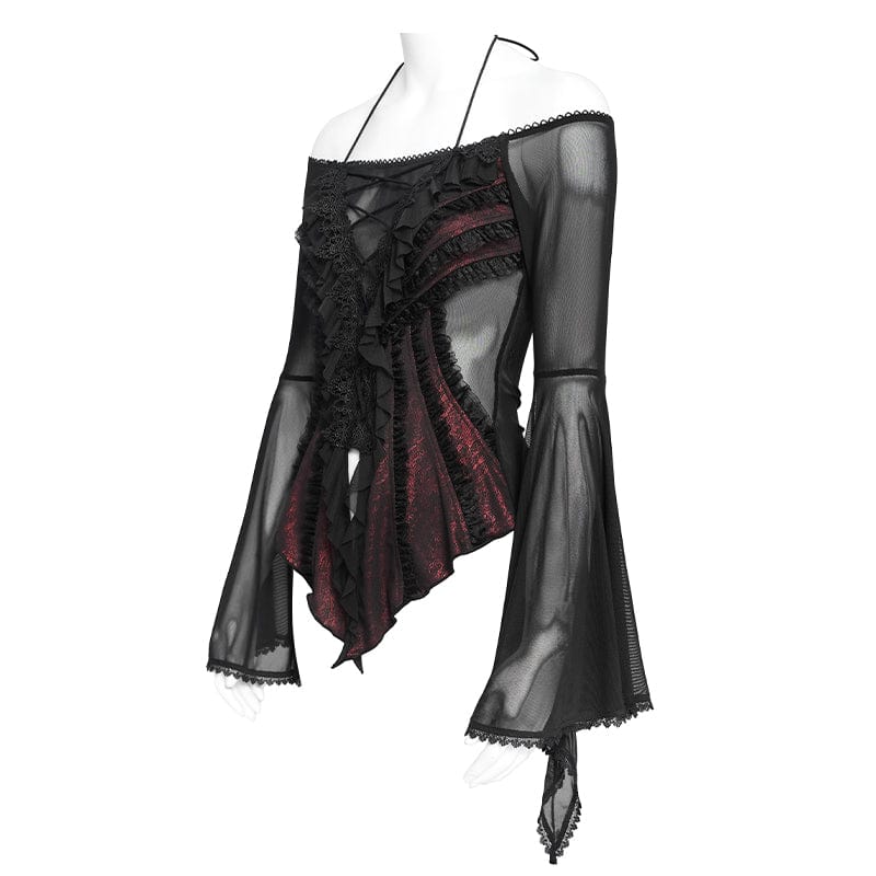 Women's Gothic Ruffled Off Shoulder Flared Sleeved Shirt Black-Red