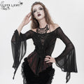 Women's Gothic Ruffled Off Shoulder Flared Sleeved Shirt Black-Red