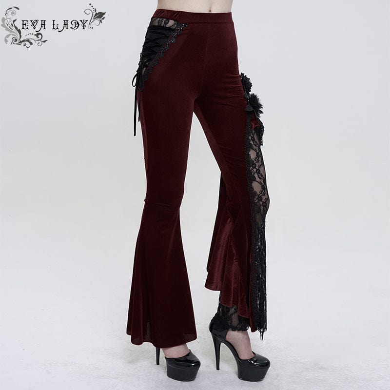 Women's Gothic Strappy Lace Splice Flared Pants Red