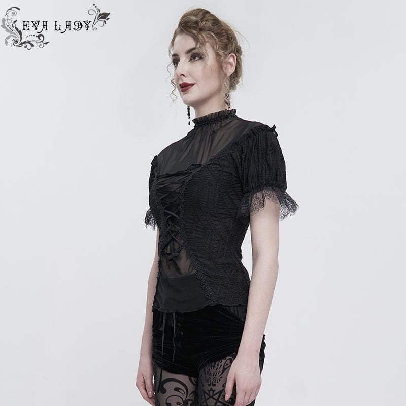 Women's Gothic Strappy Mesh Splice Beaded Shirt