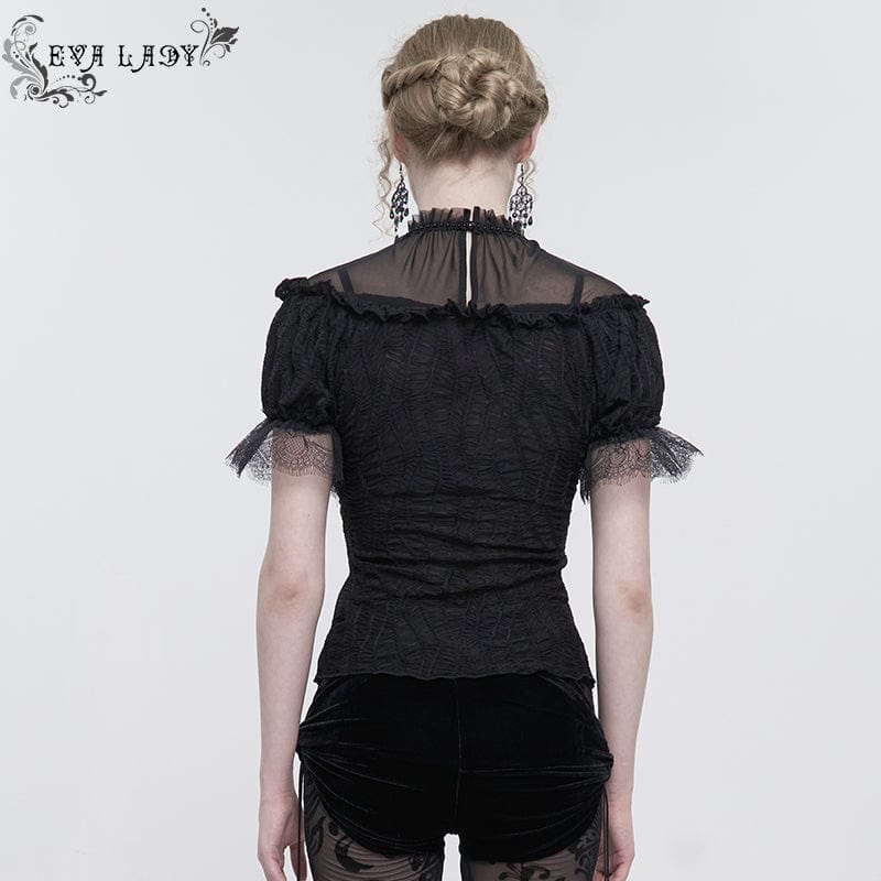 Women's Gothic Strappy Mesh Splice Beaded Shirt