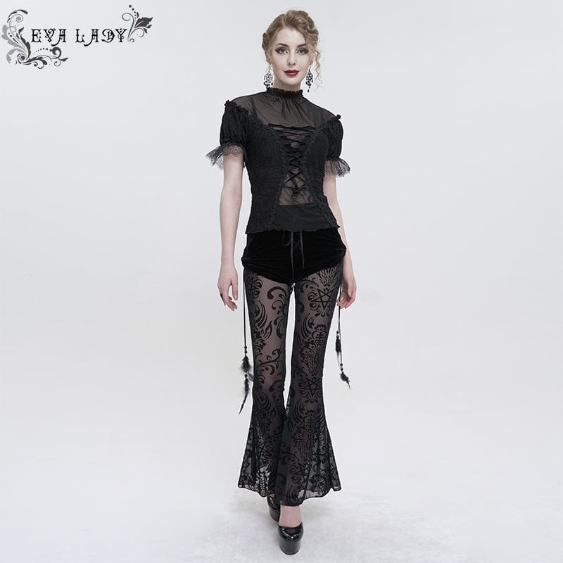 Women's Gothic Strappy Mesh Splice Beaded Shirt