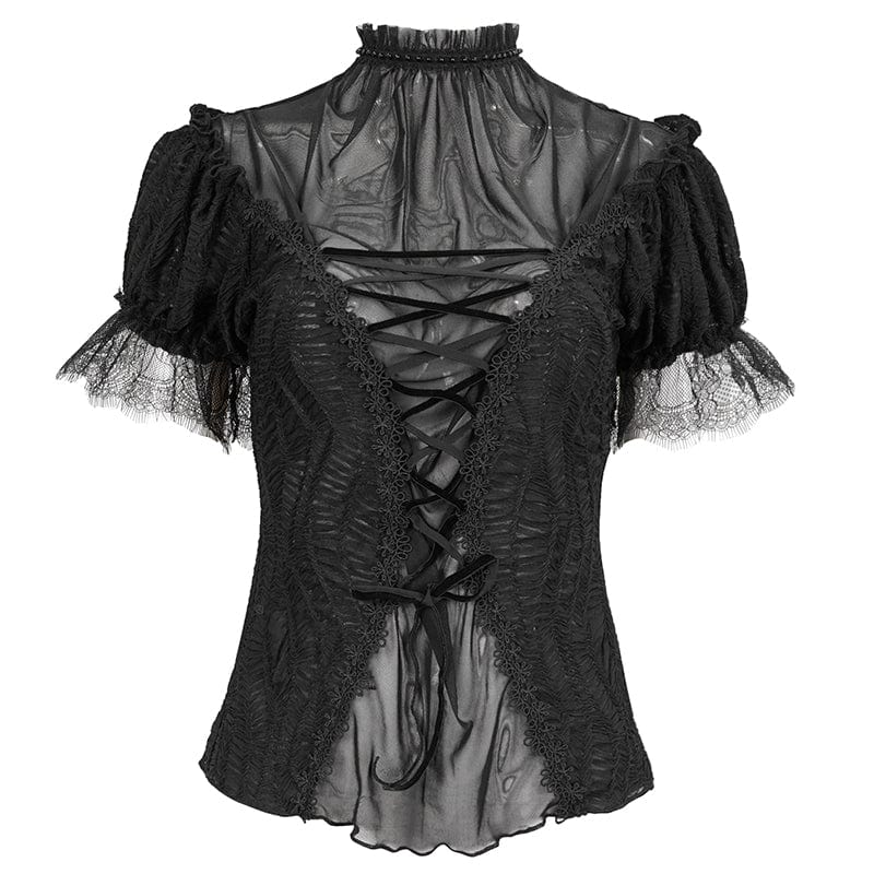 Women's Gothic Strappy Mesh Splice Beaded Shirt