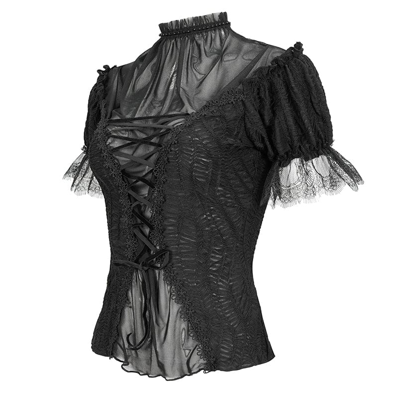 Women's Gothic Strappy Mesh Splice Beaded Shirt