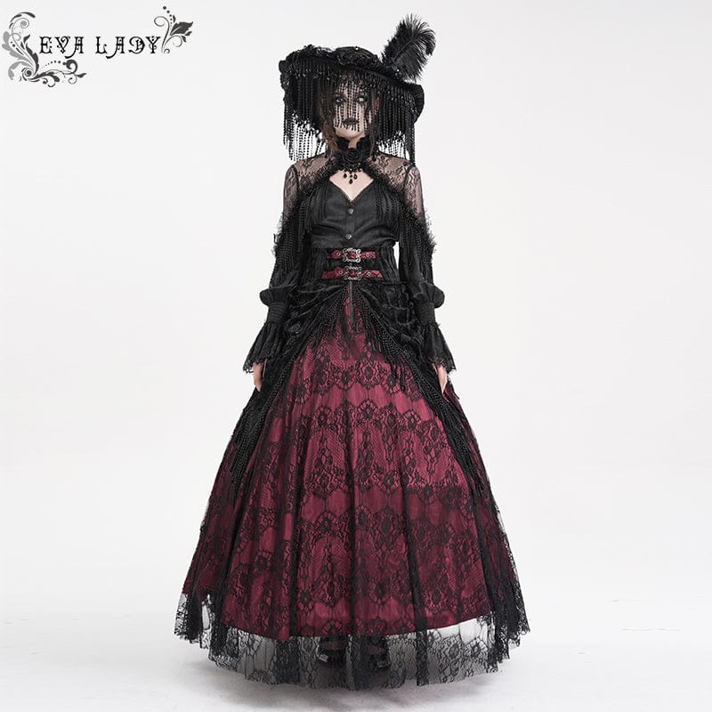 Women's Gothic Tassels Buckle-up Long Skirt Black Red