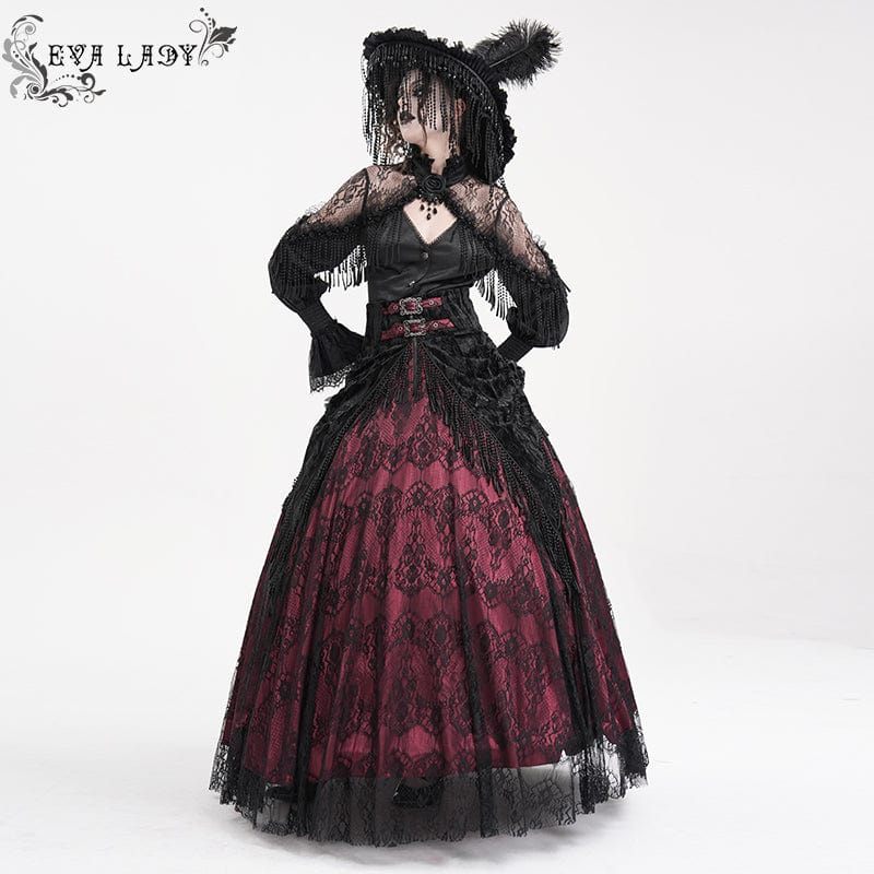 Women's Gothic Tassels Buckle-up Long Skirt Black Red