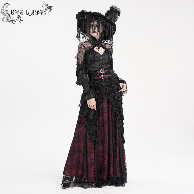 Women's Gothic Tassels Buckle-up Long Skirt Black Red