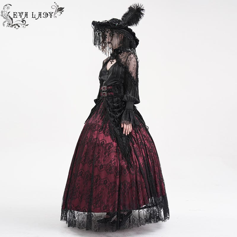 Women's Gothic Tassels Buckle-up Long Skirt Black Red