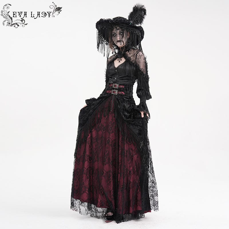 Women's Gothic Tassels Buckle-up Long Skirt Black Red