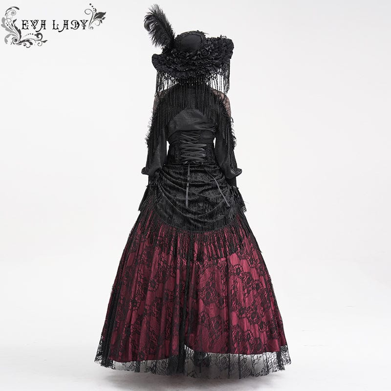 Women's Gothic Tassels Buckle-up Long Skirt Black Red